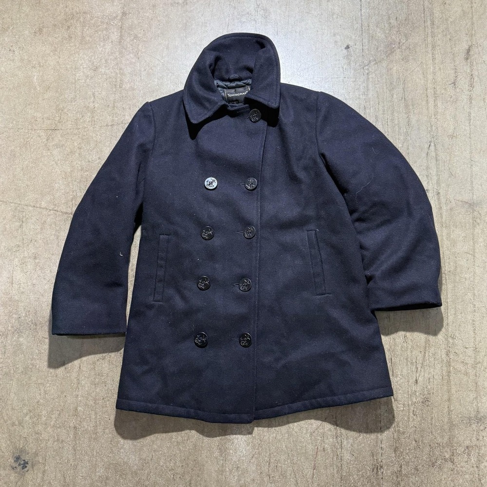 Towncraft Coat Mens 36 Blue Wool Pea Coat Double Breasted Quilted Nautical